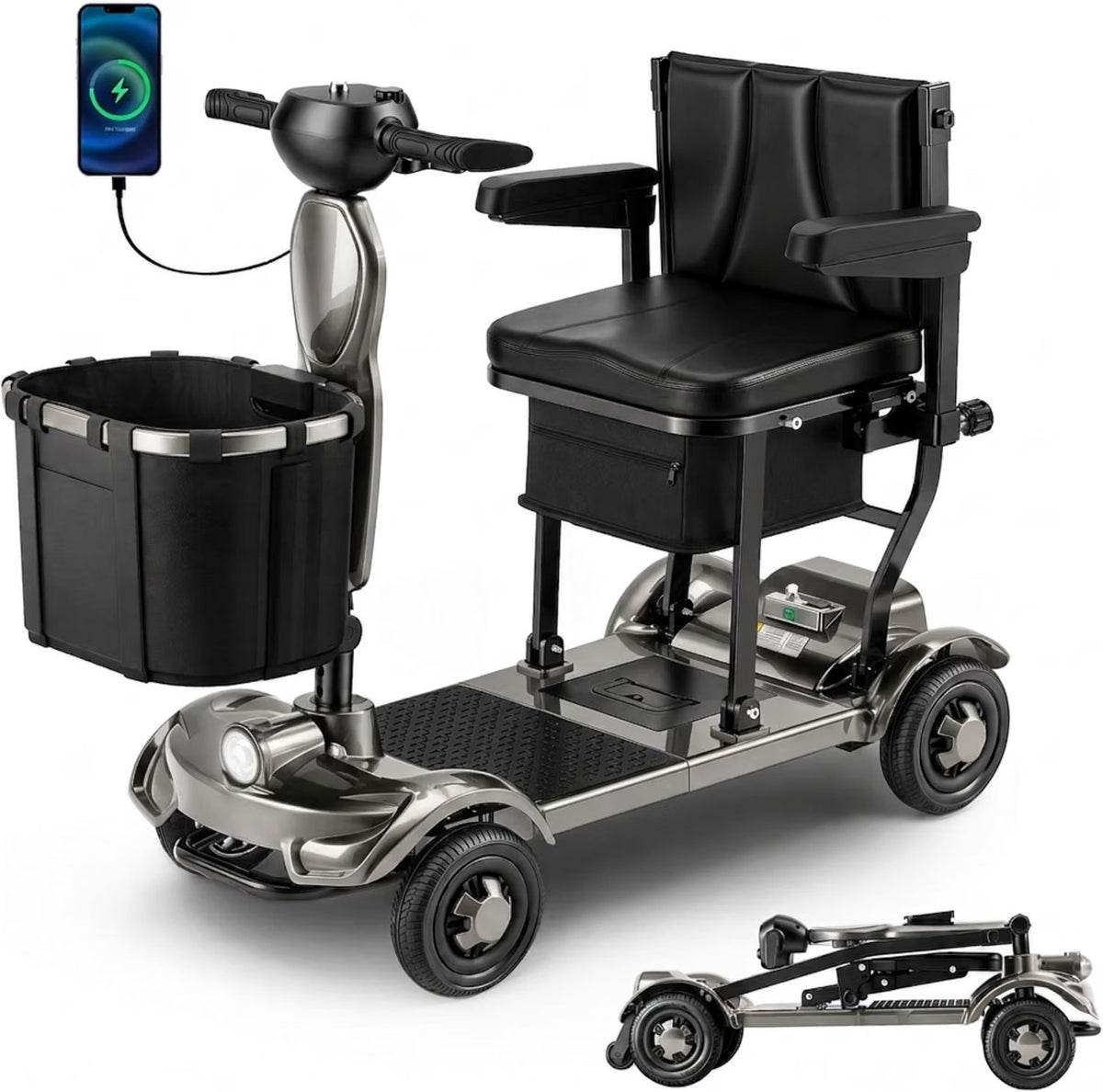 37.5lb Lightweight Mobility Scooters for Seniors, Airline & Cruise Approved Foldable Portable Motorized Scooter for Adult, Removable Lithium Battery for 12Miles Travel, USB Port, 300lb Load,Grey