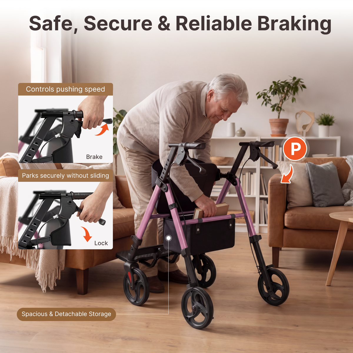 Onlywind Lightweight Rollator Walkers Wheelchair Combo for Seniors with Seat, 22LBS Foldable Rollator Walker with Footrest, Widened Backrest, Portable Rolling Walkers with Cup Holder & Storage Basket, Pink