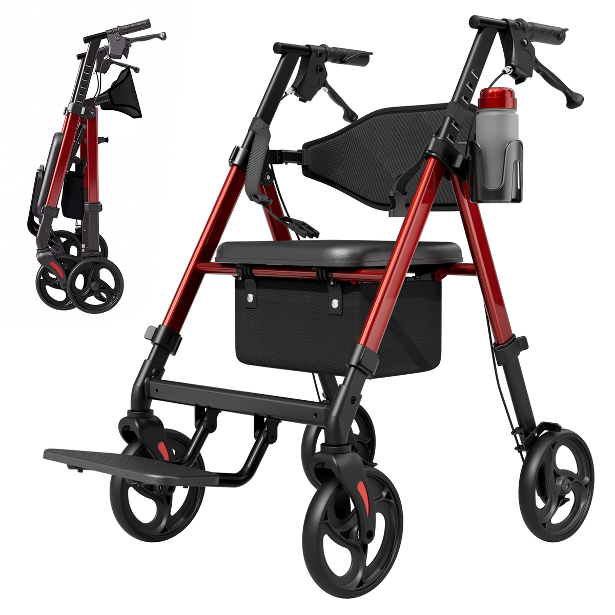 Onlywind Lightweight Rollator Walkers Wheelchair Combo - No Assembly Required, 22LB Rollator Walker for Senior with Seat, Footrest, Widened Backrest, Foldable Rolling Walker w/ Storage Basket & Cup Holder, Red