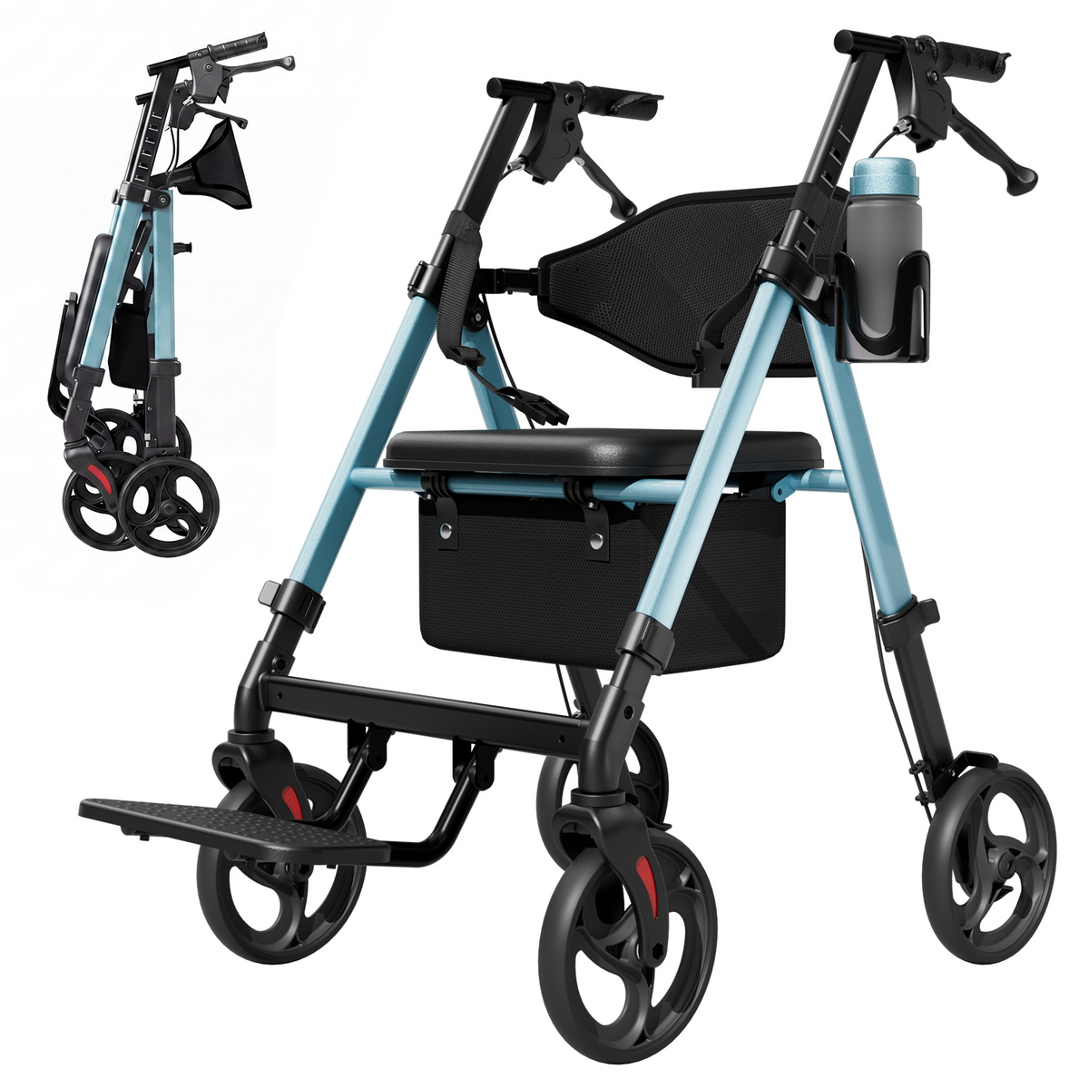 Onlywind Lightweight Rollator Walkers Wheelchair Combo - No Assembly Required, 22LB Rollator Walker for Senior with Seat, Footrest, Widened Backrest, Foldable Rolling Walker w/ Storage Basket&Cup Holder, Blue