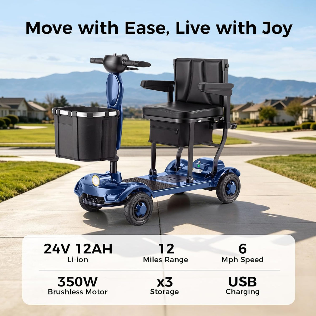 Onlywind 37.5lb Lightweight Mobility Scooters for Seniors, Airline & Cruise Approved Foldable Portable Motorized Scooter for Adult, Removable Lithium Battery for 12Miles Travel, USB Port, 300lb Capacity, Blue