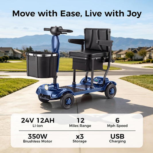 Onlywind 37.5lb Lightweight Mobility Scooters for Seniors, Airline & Cruise Approved Foldable Portable Motorized Scooter for Adult, Removable Lithium Battery for 12Miles Travel, USB Port, 300lb Capacity, Blue