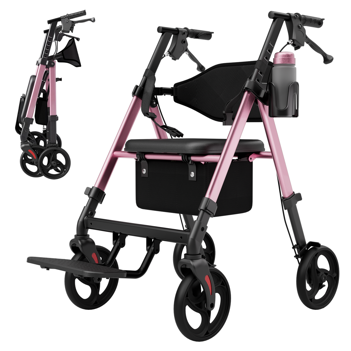 Onlywind Lightweight Rollator Walkers Wheelchair Combo - No Assembly Required, 22LB Rollator Walker for Senior with Seat, Footrest, Widened Backrest, Foldable Rolling Walker w/ Storage Basket&Cup Holder, Pink