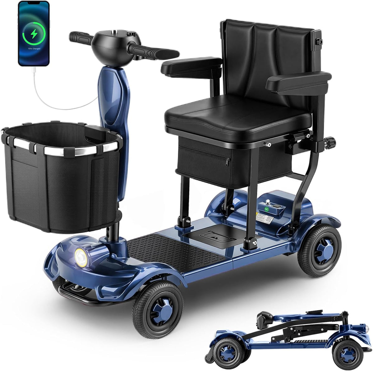 Onlywind 37.5lb Lightweight Mobility Scooters for Seniors, Airline & Cruise Approved Foldable Portable Motorized Scooter for Adult, Removable Lithium Battery for 12Miles Travel, USB Port, 300lb Capacity, Blue