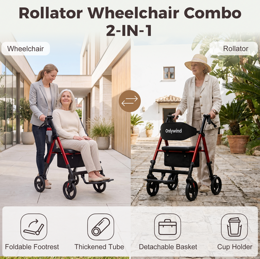 Onlywind Lightweight Rollator Walkers Wheelchair Combo - No Assembly Required, 22LB Rollator Walker for Senior with Seat, Footrest, Widened Backrest, Foldable Rolling Walker w/ Storage Basket & Cup Holder, Red