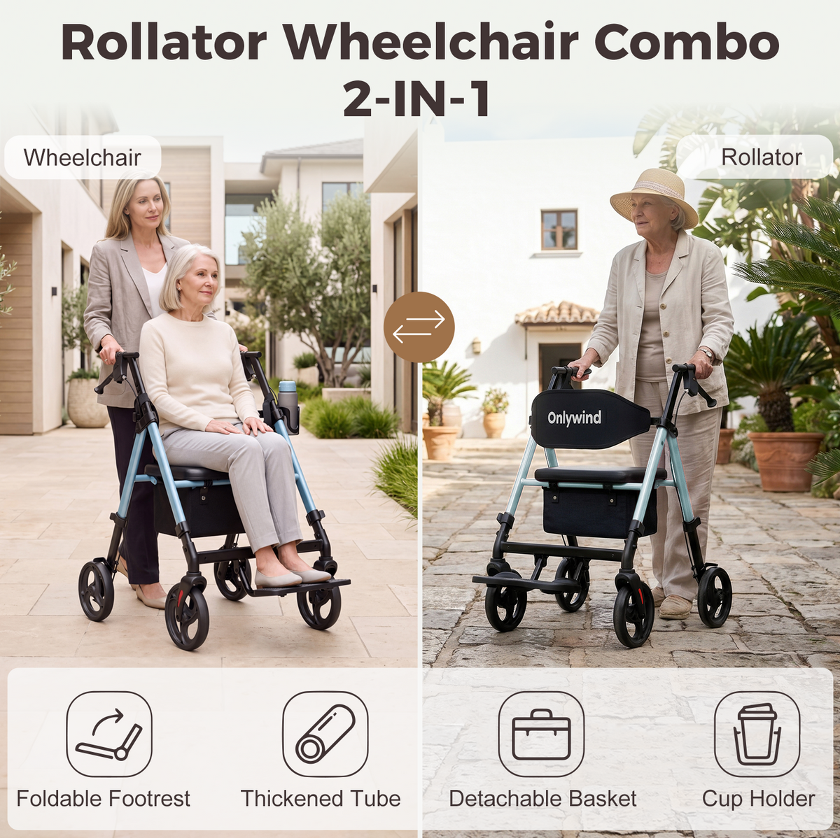 Onlywind Lightweight Rollator Walkers Wheelchair Combo - No Assembly Required, 22LB Rollator Walker for Senior with Seat, Footrest, Widened Backrest, Foldable Rolling Walker w/ Storage Basket&Cup Holder, Blue