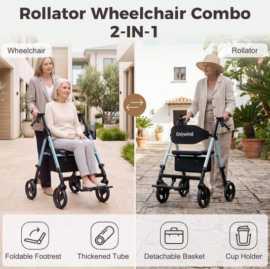 Onlywind Lightweight Rollator Walkers Wheelchair Combo - No Assembly Required, 22LB Rollator Walker for Senior with Seat, Footrest, Widened Backrest, Foldable Rolling Walker w/ Storage Basket&Cup Holder, Blue