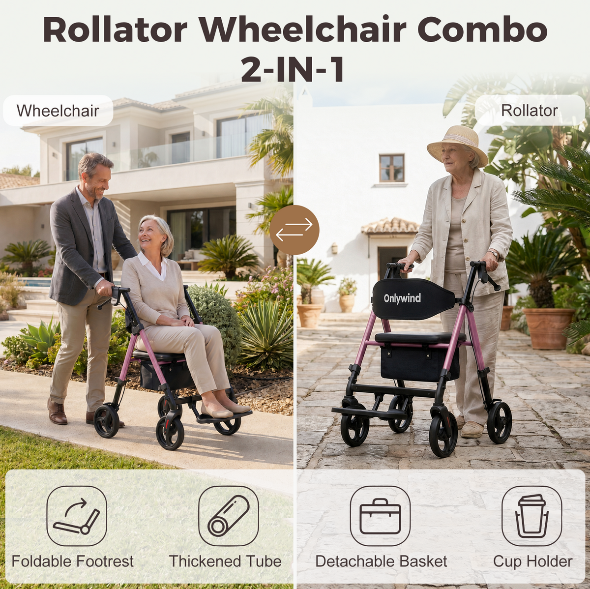 Onlywind Lightweight Rollator Walkers Wheelchair Combo - No Assembly Required, 22LB Rollator Walker for Senior with Seat, Footrest, Widened Backrest, Foldable Rolling Walker w/ Storage Basket&Cup Holder, Pink