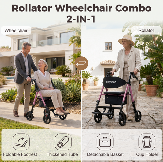 Onlywind Lightweight Rollator Walkers Wheelchair Combo - No Assembly Required, 22LB Rollator Walker for Senior with Seat, Footrest, Widened Backrest, Foldable Rolling Walker w/ Storage Basket&Cup Holder, Pink