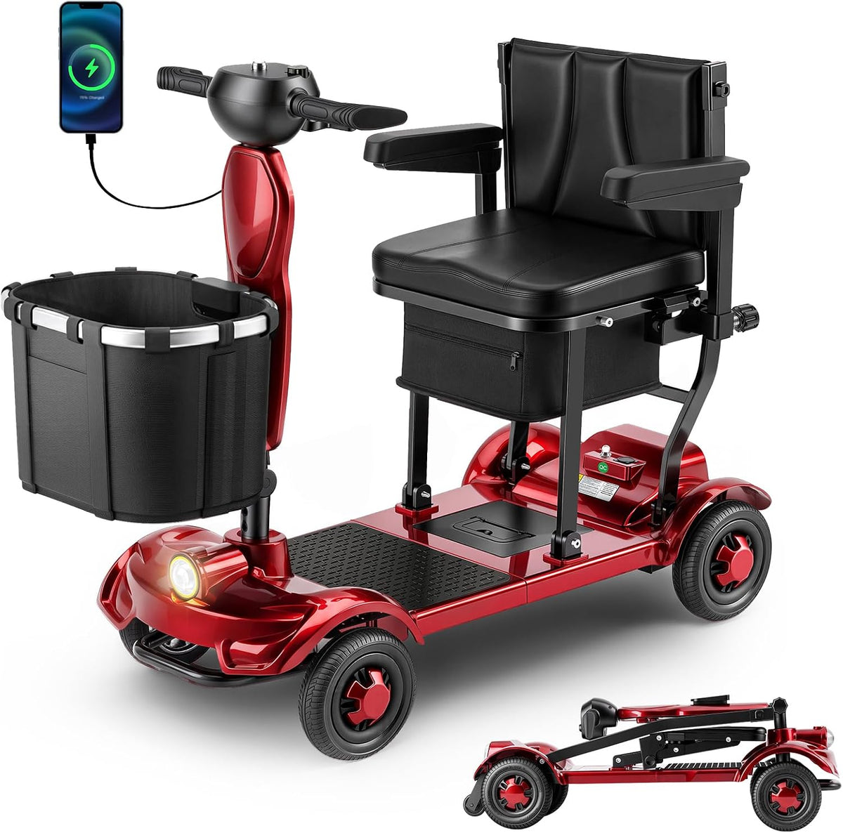 Onlywind 37.5lb Lightweight Mobility Scooters for Seniors, Airline & Cruise Approved | Foldable Portable Motorized Scooter for Adult, Dual Lithium Battery for 12.5Miles Travel, USB Port, Red