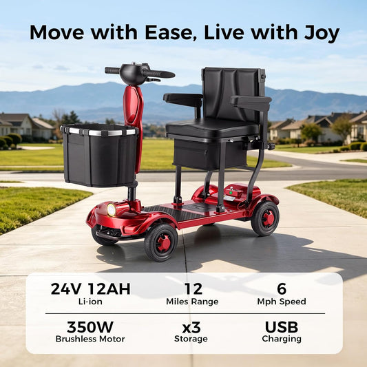 Onlywind 37.5lb Lightweight Mobility Scooters for Seniors, Airline & Cruise Approved | Foldable Portable Motorized Scooter for Adult, Dual Lithium Battery for 12.5Miles Travel, USB Port, Red