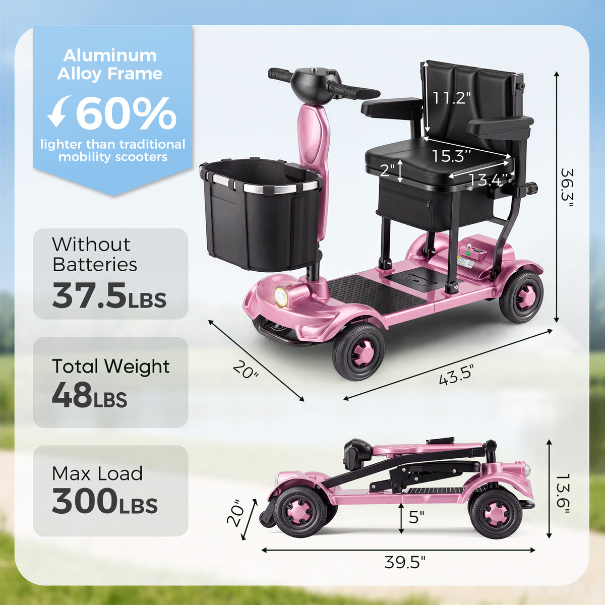 Onlywind 37.5lb Lightweight Mobility Scooters for Seniors, Airline & Cruise Approved, Foldable Portable Motorized Scooter for Adult, Removable Lithium Battery for 12Miles Travel, USB Port, Red