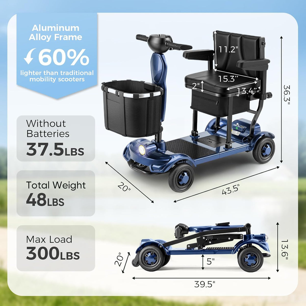 Onlywind 37.5lb Lightweight Mobility Scooters for Seniors, Airline & Cruise Approved Foldable Portable Motorized Scooter for Adult, Removable Lithium Battery for 12Miles Travel, USB Port, 300lb Capacity, Blue