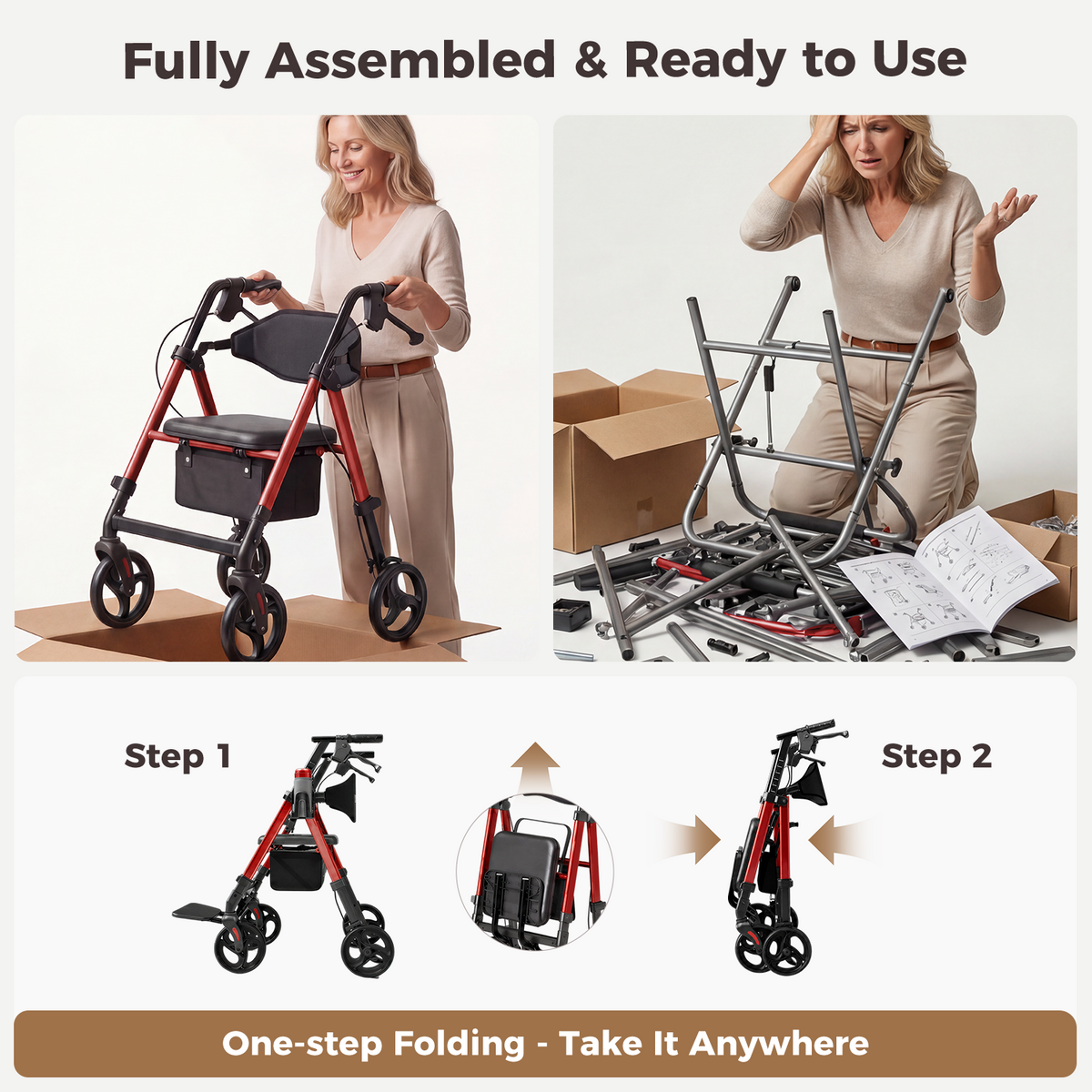 Onlywind Lightweight Rollator Walkers Wheelchair Combo - No Assembly Required, 22LB Rollator Walker for Senior with Seat, Footrest, Widened Backrest, Foldable Rolling Walker w/ Storage Basket & Cup Holder, Red