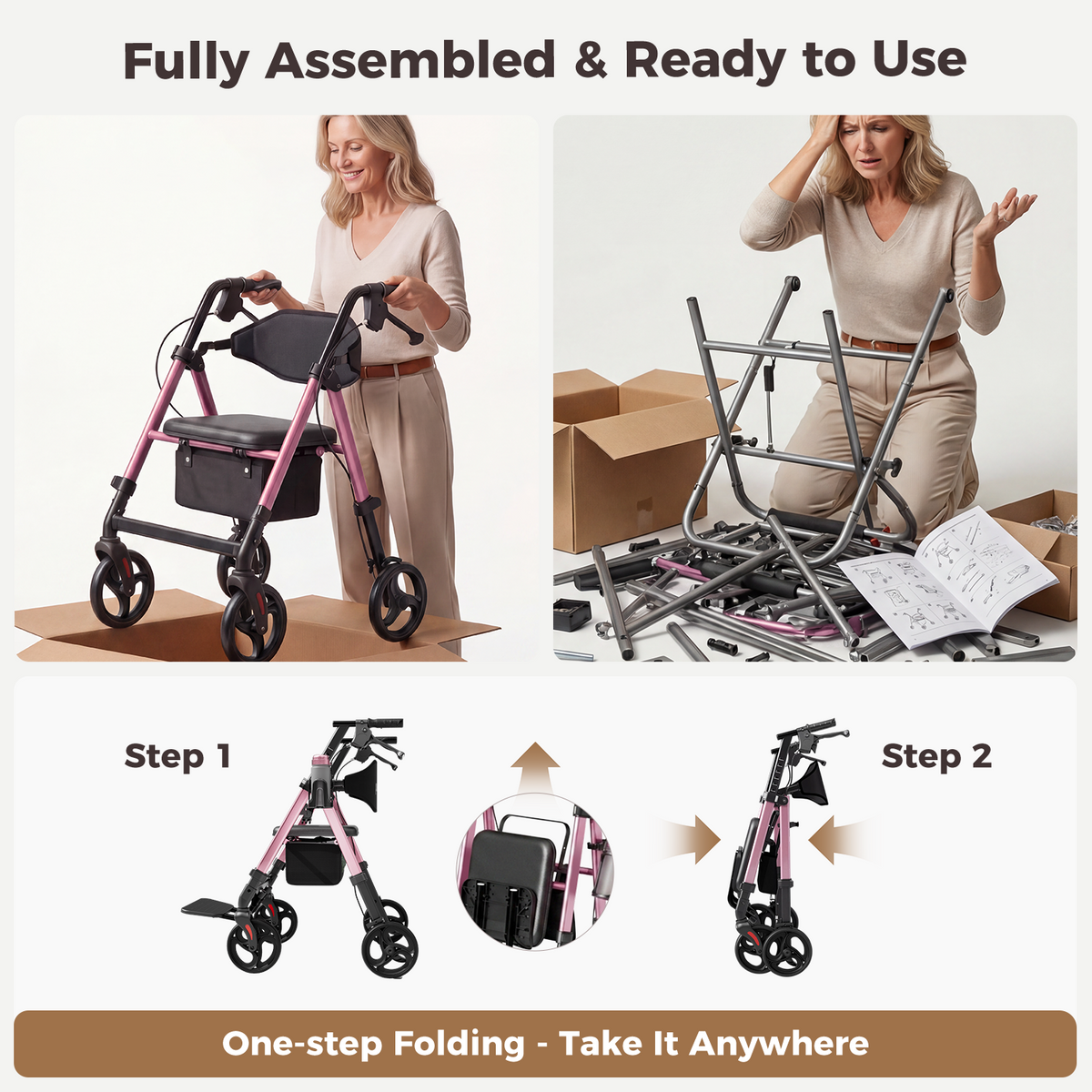 Onlywind Lightweight Rollator Walkers Wheelchair Combo - No Assembly Required, 22LB Rollator Walker for Senior with Seat, Footrest, Widened Backrest, Foldable Rolling Walker w/ Storage Basket&Cup Holder, Pink