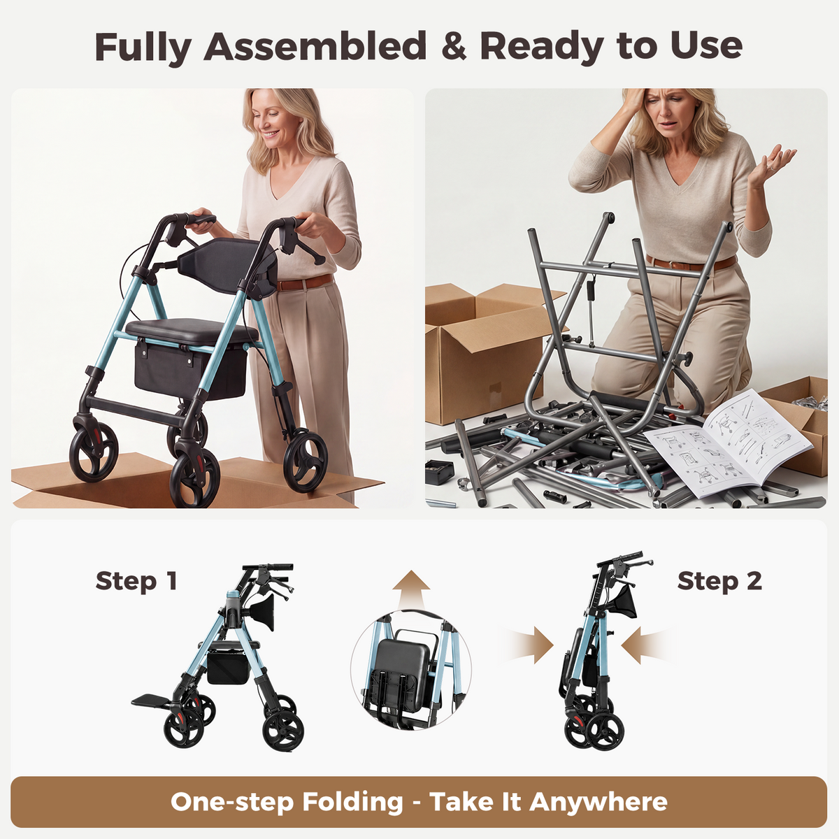 Onlywind Lightweight Rollator Walkers Wheelchair Combo - No Assembly Required, 22LB Rollator Walker for Senior with Seat, Footrest, Widened Backrest, Foldable Rolling Walker w/ Storage Basket&Cup Holder, Blue