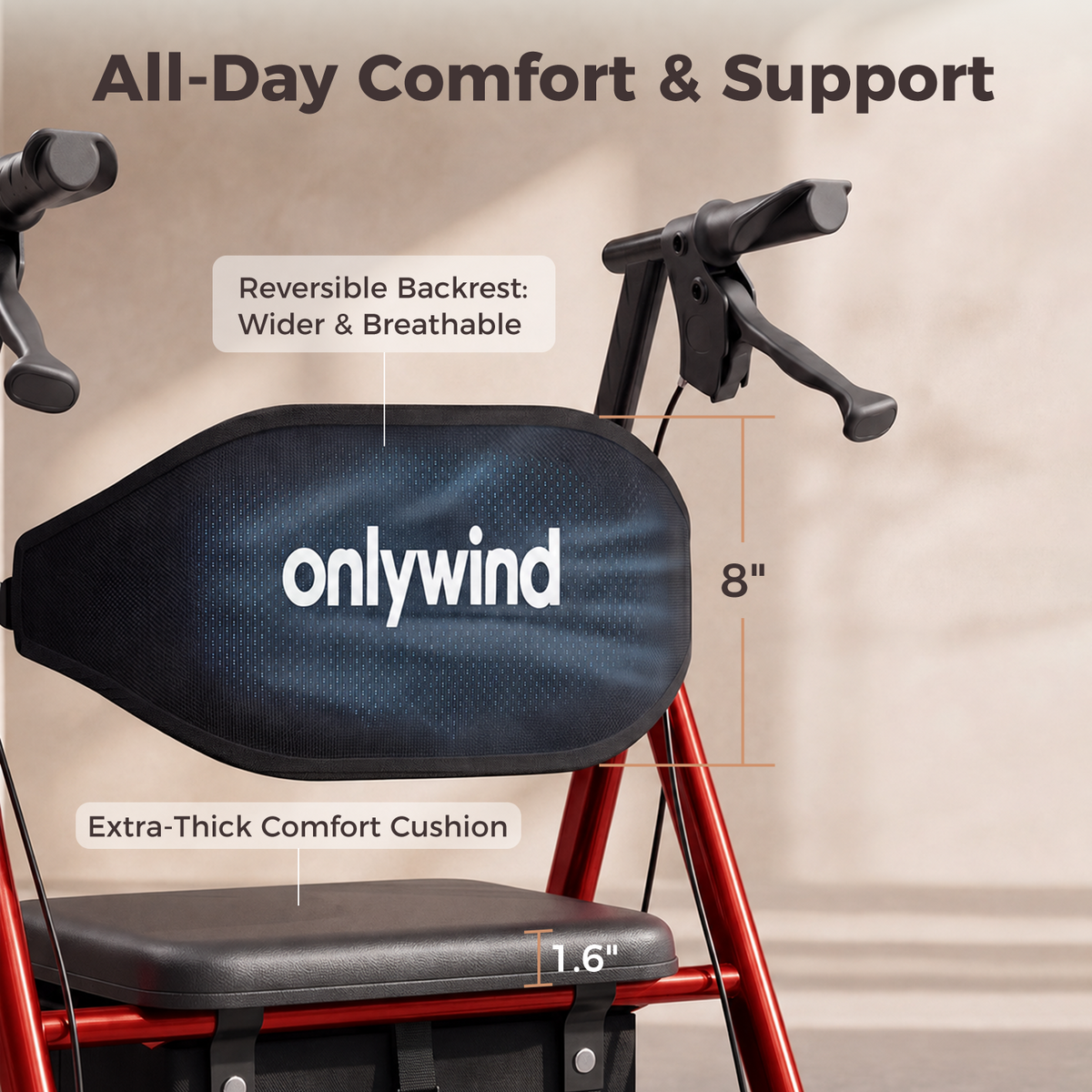 Onlywind Lightweight Rollator Walkers Wheelchair Combo - No Assembly Required, 22LB Rollator Walker for Senior with Seat, Footrest, Widened Backrest, Foldable Rolling Walker w/ Storage Basket & Cup Holder, Red