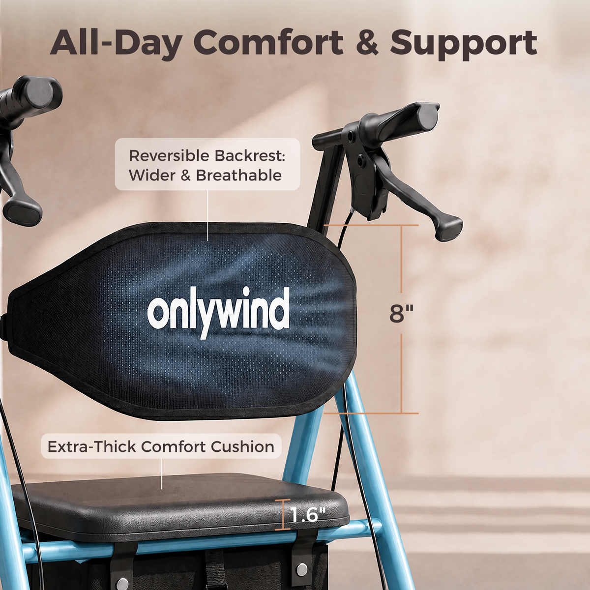 Onlywind Lightweight Rollator Walkers Wheelchair Combo - No Assembly Required, 22LB Rollator Walker for Senior with Seat, Footrest, Widened Backrest, Foldable Rolling Walker w/ Storage Basket&Cup Holder, Blue