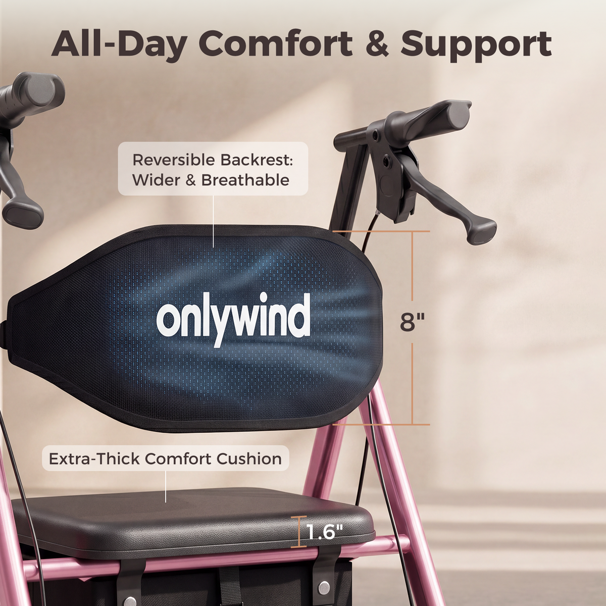Onlywind Lightweight Rollator Walkers Wheelchair Combo - No Assembly Required, 22LB Rollator Walker for Senior with Seat, Footrest, Widened Backrest, Foldable Rolling Walker w/ Storage Basket&Cup Holder, Pink