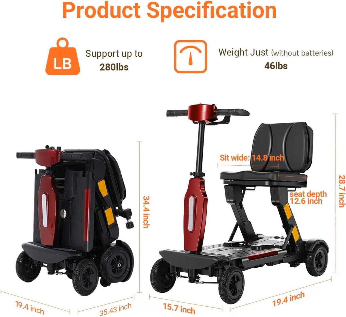 Mobility Scooters for Seniors, Lightweight Foldable All Terrain Powered Motorized Scooter with Removable Lithium Battery, No Assembly Required, 43" Turning Radius, 280lbs Capacity -Red