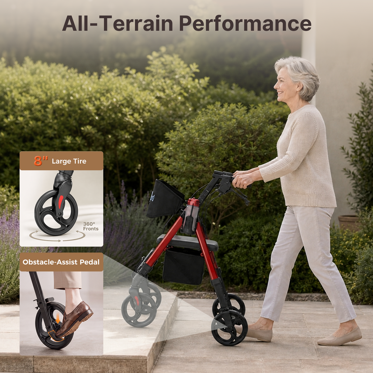 Onlywind Lightweight Rollator Walkers Wheelchair Combo - No Assembly Required, 22LB Rollator Walker for Senior with Seat, Footrest, Widened Backrest, Foldable Rolling Walker w/ Storage Basket & Cup Holder, Red
