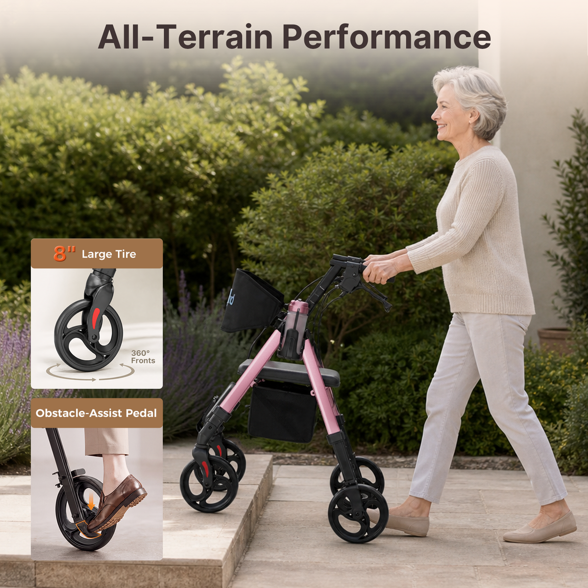 Onlywind Lightweight Rollator Walkers Wheelchair Combo - No Assembly Required, 22LB Rollator Walker for Senior with Seat, Footrest, Widened Backrest, Foldable Rolling Walker w/ Storage Basket&Cup Holder, Pink