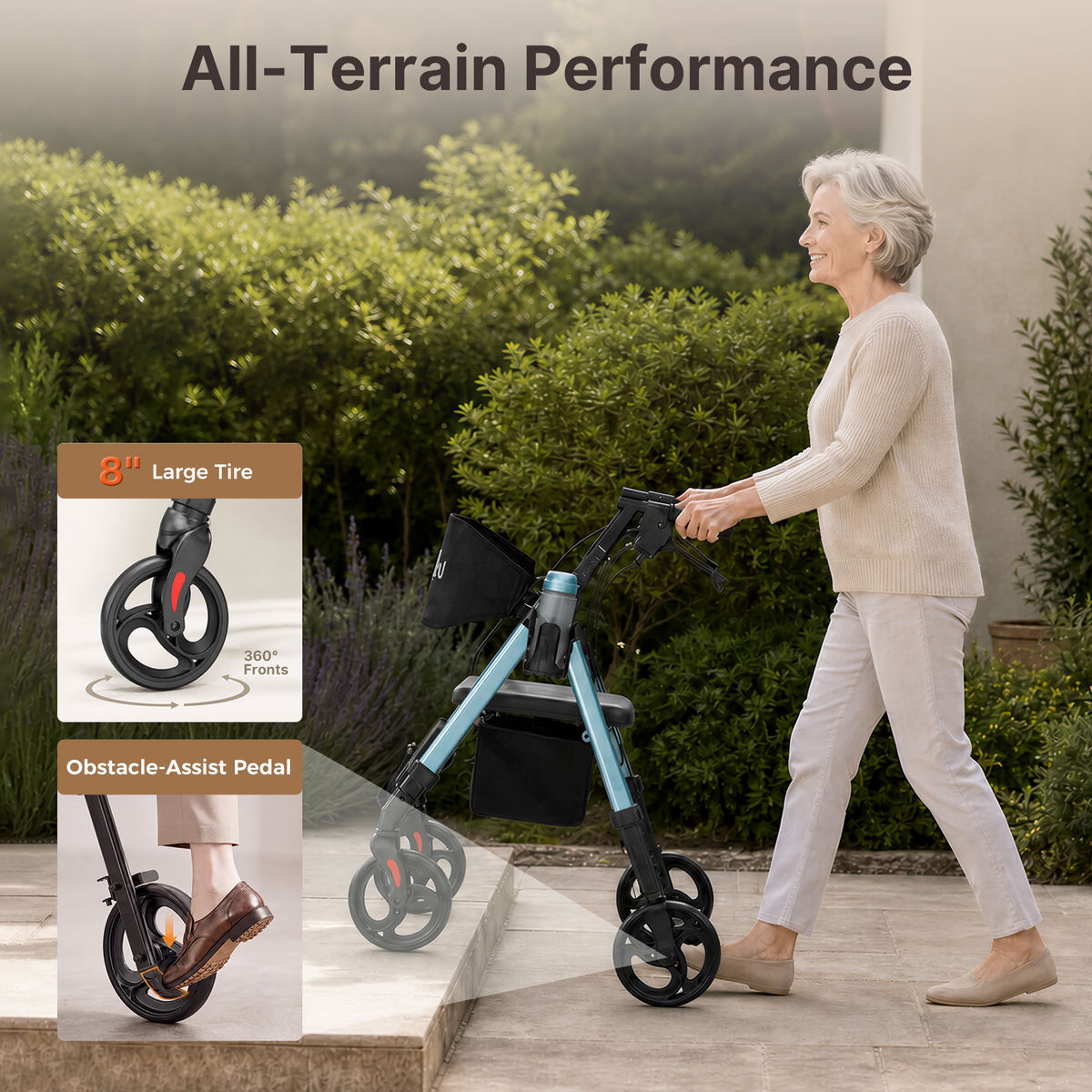 Onlywind Lightweight Rollator Walkers Wheelchair Combo - No Assembly Required, 22LB Rollator Walker for Senior with Seat, Footrest, Widened Backrest, Foldable Rolling Walker w/ Storage Basket&Cup Holder, Blue