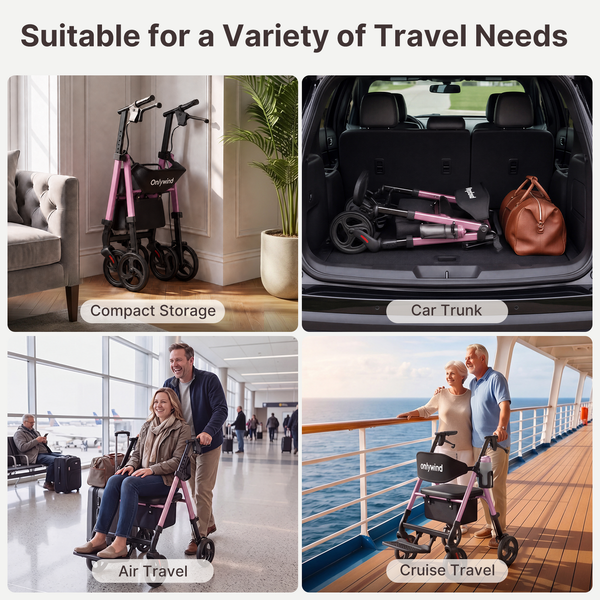 Onlywind Lightweight Rollator Walkers Wheelchair Combo - No Assembly Required, 22LB Rollator Walker for Senior with Seat, Footrest, Widened Backrest, Foldable Rolling Walker w/ Storage Basket&Cup Holder, Pink