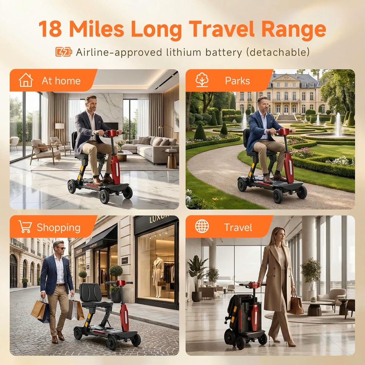 Mobility Scooters for Seniors, Lightweight Foldable All Terrain Powered Motorized Scooter with Removable Lithium Battery, No Assembly Required, 43" Turning Radius, 280lbs Capacity -Red