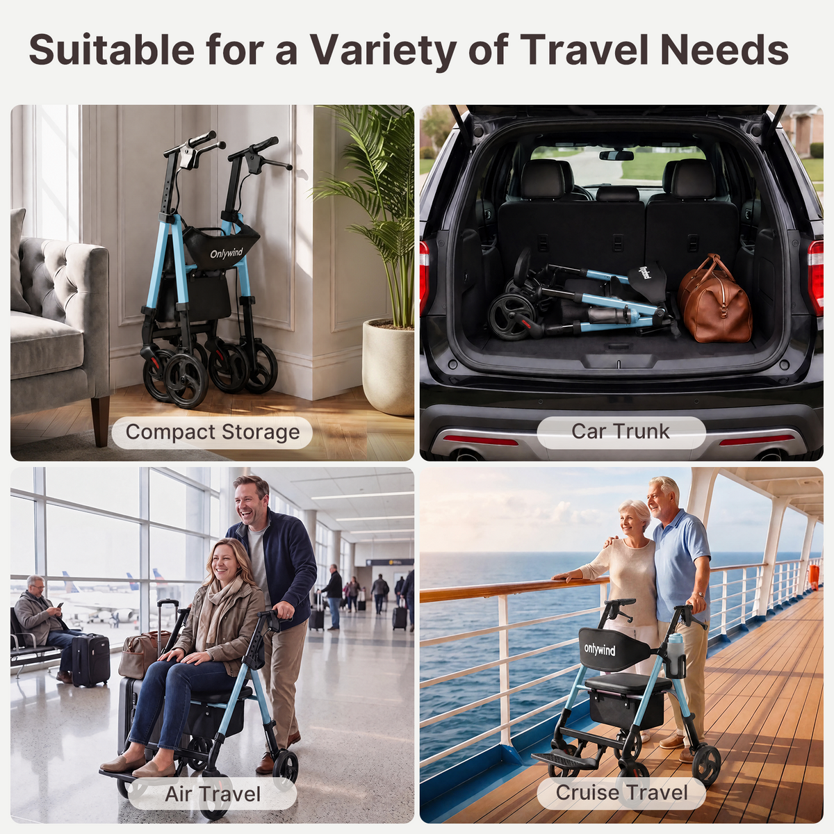 Onlywind Lightweight Rollator Walkers Wheelchair Combo - No Assembly Required, 22LB Rollator Walker for Senior with Seat, Footrest, Widened Backrest, Foldable Rolling Walker w/ Storage Basket&Cup Holder, Blue