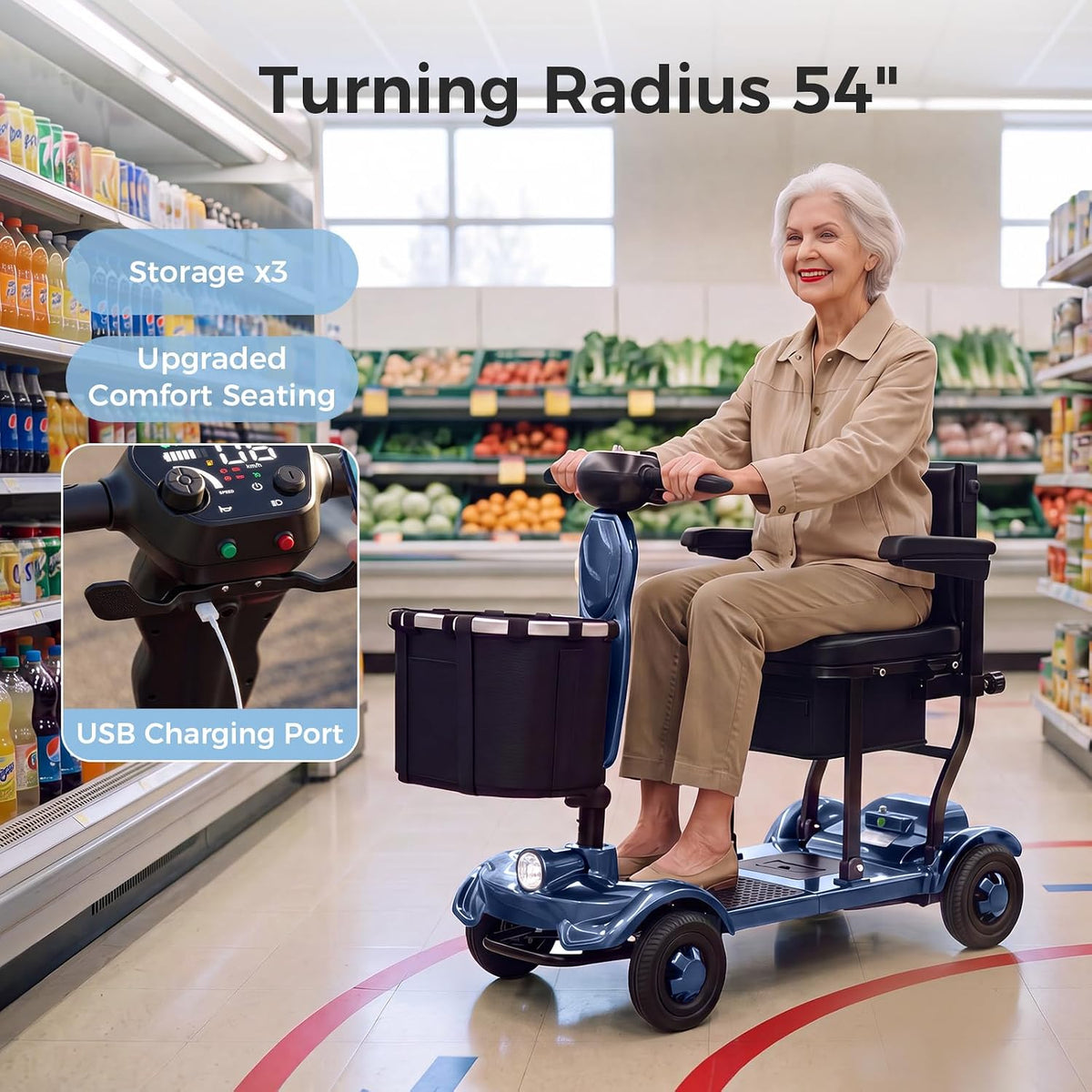 Onlywind 37.5lb Lightweight Mobility Scooters for Seniors, Airline & Cruise Approved Foldable Portable Motorized Scooter for Adult, Removable Lithium Battery for 12Miles Travel, USB Port, 300lb Capacity, Blue