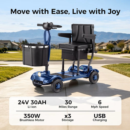 Onlywind 37.5lb Lightweight Mobility Scooters for Seniors, Airline & Cruise Approved Foldable Portable Motorized Scooter for Adult, Dual Lithium Battery for 30Miles Travel, USB Port, 300lb Capacity, Blue