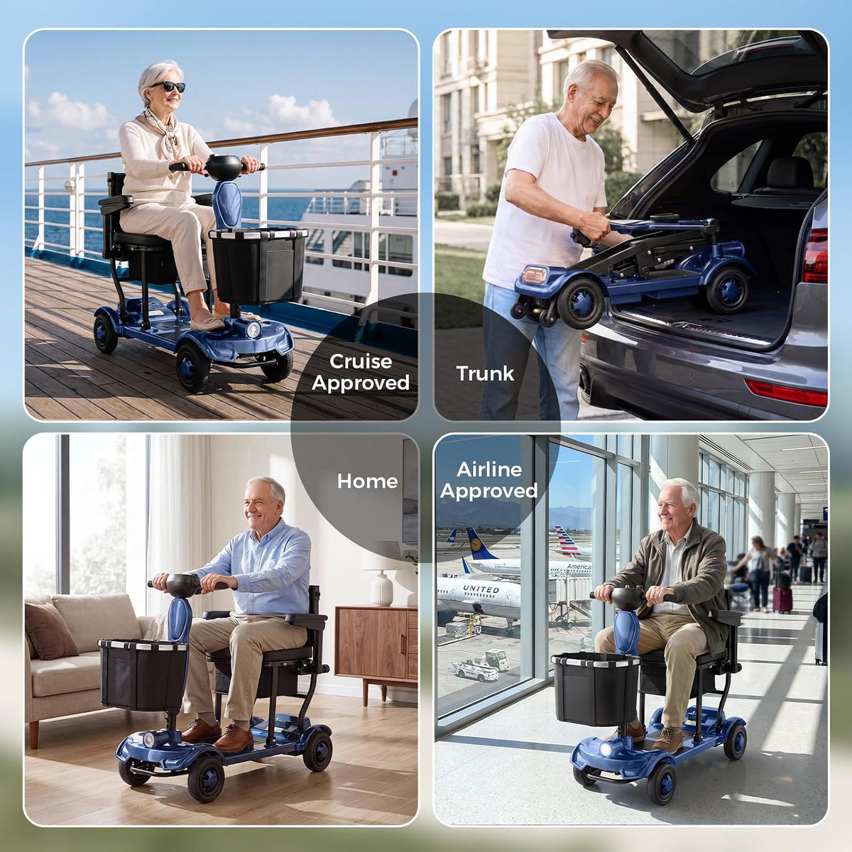 Onlywind 37.5lb Lightweight Mobility Scooters for Seniors, Airline & Cruise Approved Foldable Portable Motorized Scooter for Adult, Removable Lithium Battery for 12Miles Travel, USB Port, 300lb Capacity, Blue