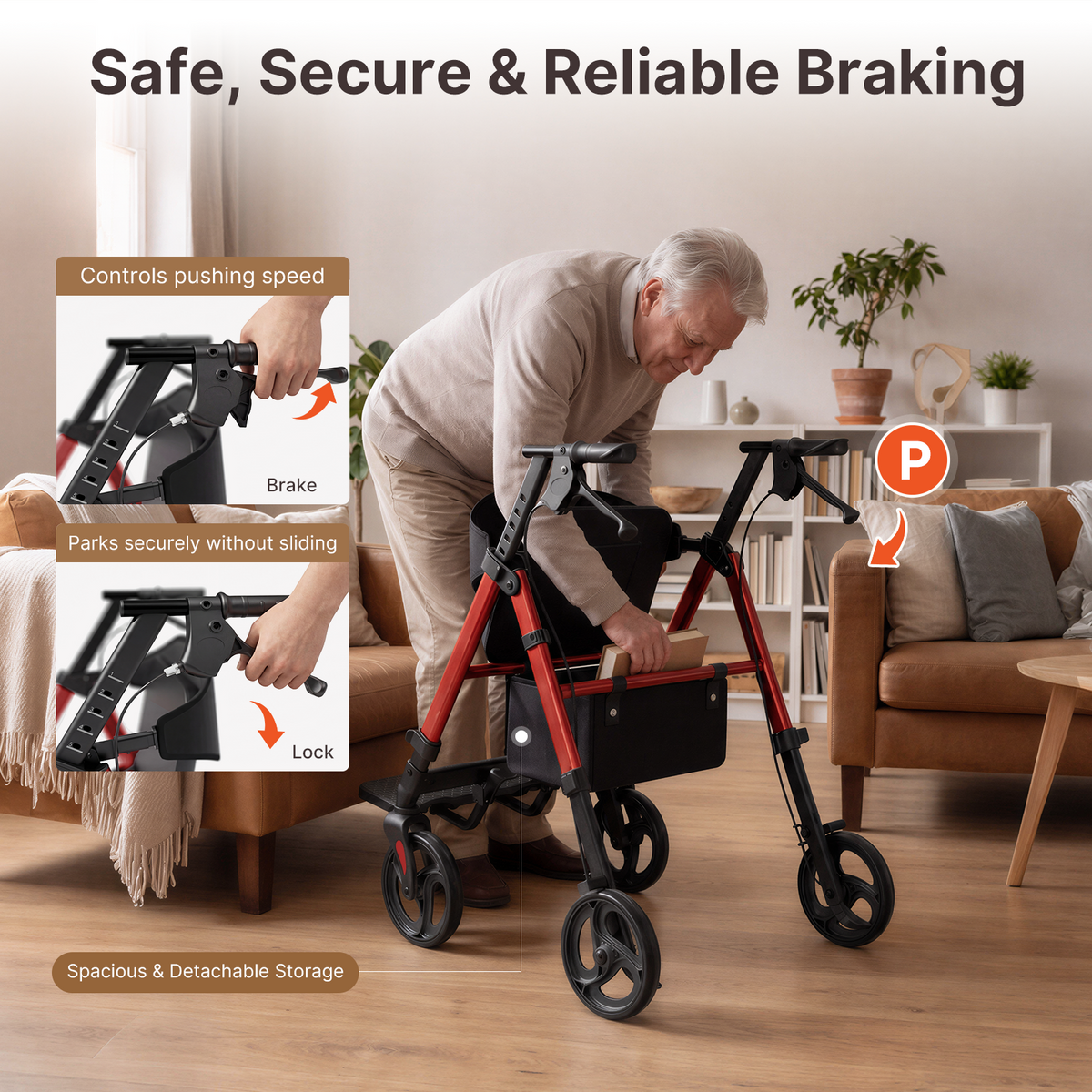 Onlywind Lightweight Rollator Walkers Wheelchair Combo - No Assembly Required, 22LB Rollator Walker for Senior with Seat, Footrest, Widened Backrest, Foldable Rolling Walker w/ Storage Basket & Cup Holder, Red
