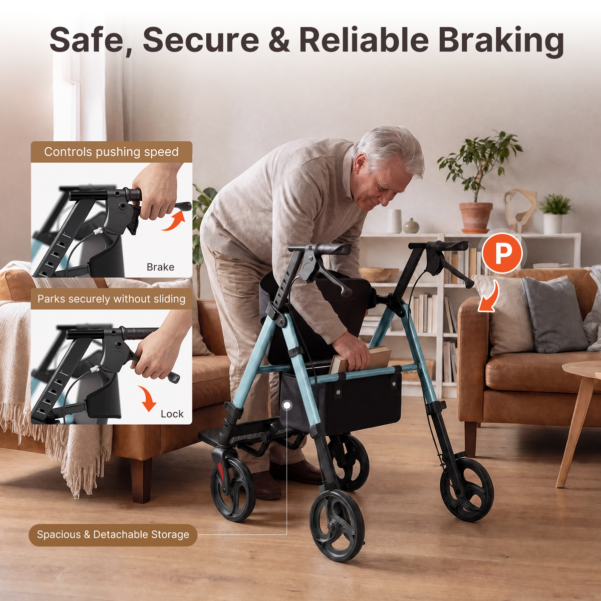 Onlywind Lightweight Rollator Walkers Wheelchair Combo - No Assembly Required, 22LB Rollator Walker for Senior with Seat, Footrest, Widened Backrest, Foldable Rolling Walker w/ Storage Basket&Cup Holder, Blue
